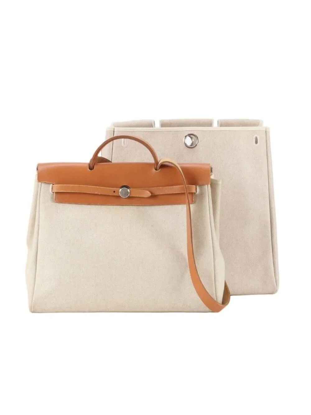 Hermes Herbag MM Leather Toile Ash 2-Way Shoulder Bag Business Tote